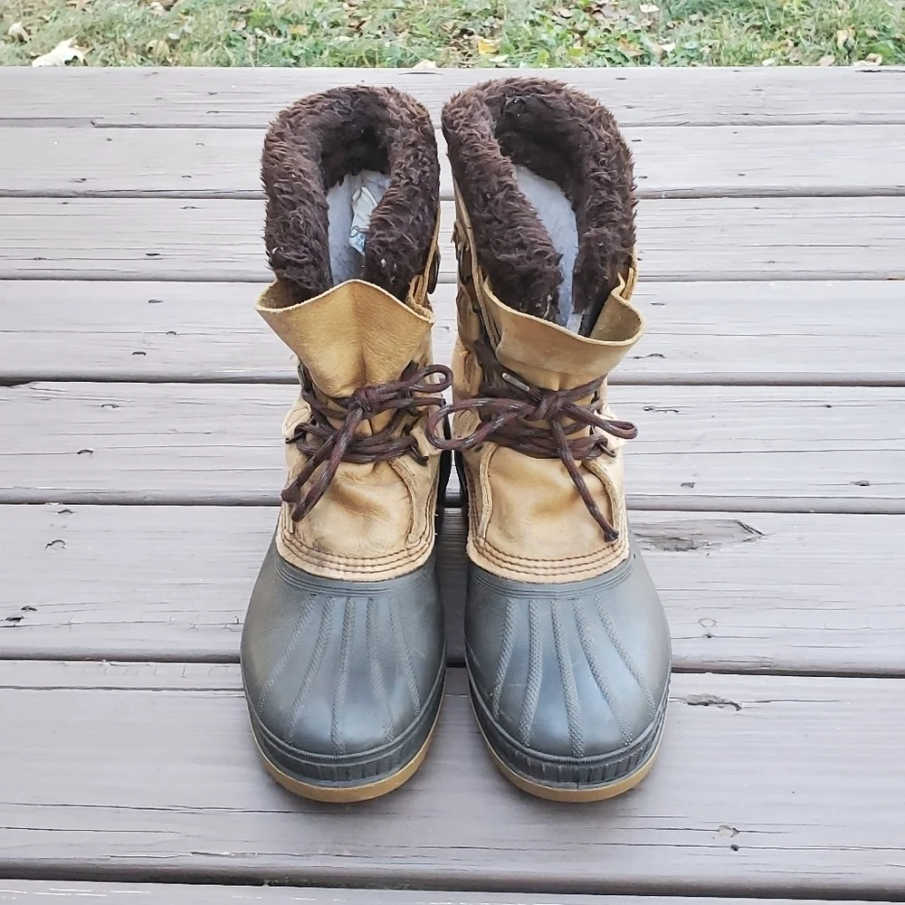 Vintage 90s Sorel Badger Leather Winter Snow Duck Boots Waterproof Wool Liner 10